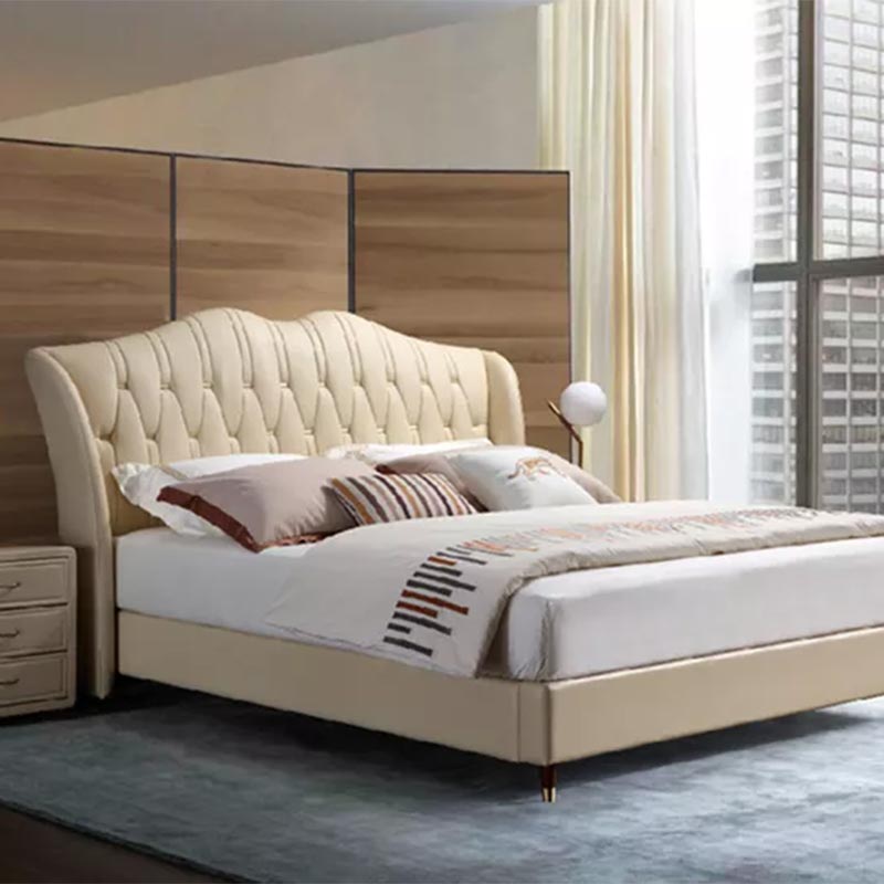 High Back Genuine Leather Bed With Solid Wood Base